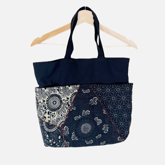 Handmade Patchwork Bucket Style Purse Bag Navy - Picture 1 of 9